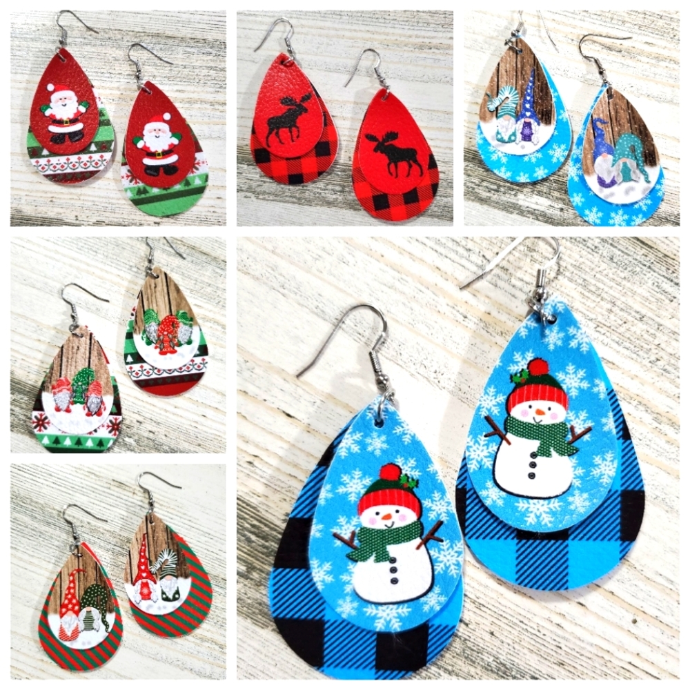 8 pack leather stamped Christmas Earrings NEW 2 1/4"L X 1 1/2"W